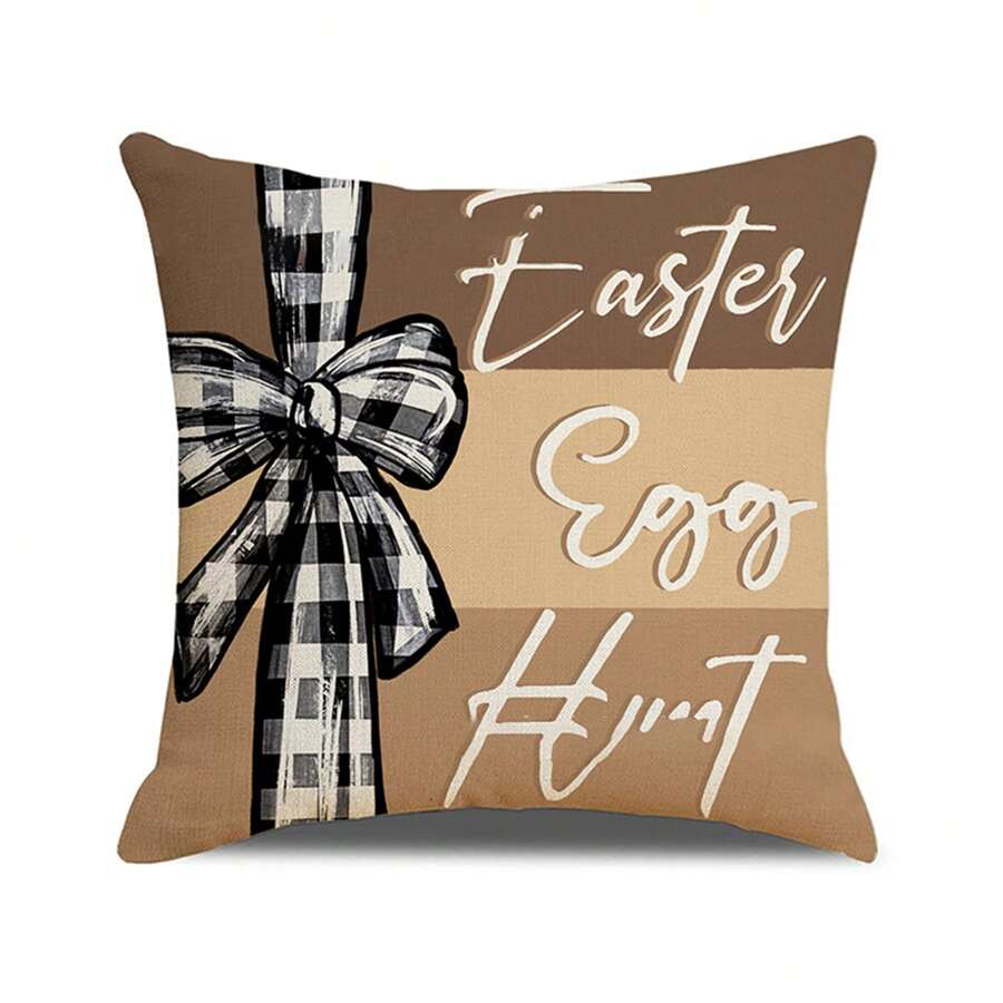Funda de almohada decorativa de Pascua con diseño de conejo, huevo, lazo y letras para sofá o dormitorio - amarillo claro - Ver 1