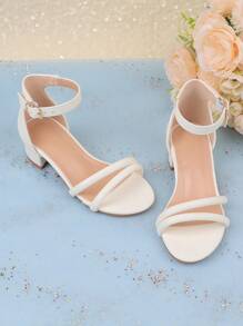 女童白色夏装搭配高跟玛丽珍凉鞋，轻便花童婚礼派对公主露趾绑带鞋，适合幼儿、小孩和大童