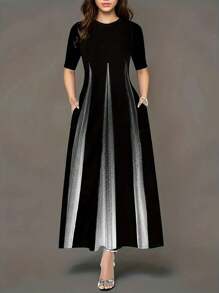 European And American Style Summer New Round Neck Elegant Gradient Print Maxi Dress - Black - View 1