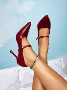 Women's Fashion Simple Versatile 2025 New Red Pointed Toe Strap Decor High Heel Shoes, Sexy Red Thin Heel Pumps