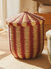1 pieza Caja de almacenamiento con tapa con estilo nórdico y patrón de circo, cesta organizadora de piso tejida de cuerda de papel, cesta de almacenamiento de mimbre hecha a mano para el hogar, juguetes y varios - Rojo - Ver 2