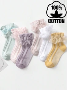 6 Pairs Kids Middle & Small Children Multi-Color Net Ruffle Mid-Calf Cotton Dance Socks - Multicolor - View 1