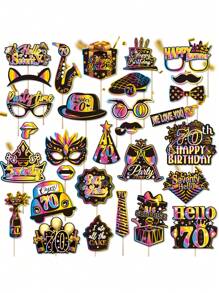 30pcs 30th Birthday Decoration Photo Props, Unisex, Black & Gold Rainbow 30th Happy Birthday Selfie Props Set, With Stick Party Supplies Gift, 30th Birthday Celebration Photo Decoration Props (40th, 50th, 60th, 70th Birthday)
