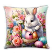 4 件复活节兔子和花卉印花毛绒枕套，可爱卡通兔子装饰靠垫套，适用于沙发、卧室、家居、汽车，不含枕芯
