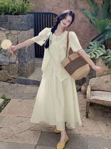 女式中长垂坠高腰半身裙，夏季 - 杏色 - 查看 2