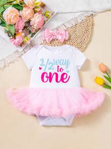 2pcs Baby Girl Party Outfit, Cute Cartoon Print Short Sleeve Bodysuit And Headband Set, Mesh Patchwork , Suitable For All Seasons - White - View 1