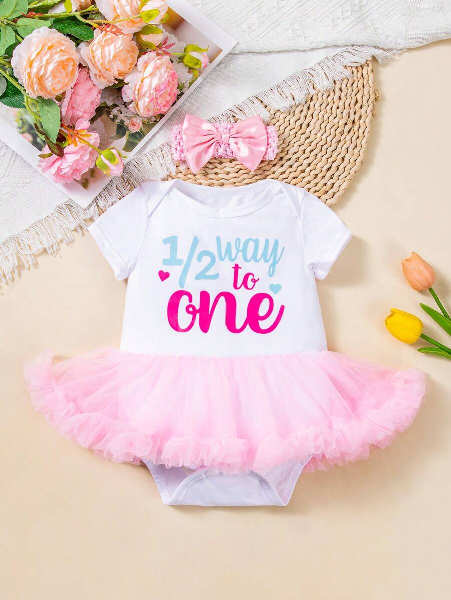 2pcs Baby Girl Party Outfit, Cute Cartoon Print Short Sleeve Bodysuit And Headband Set, Mesh Patchwork , Suitable For All Seasons - White - View 1