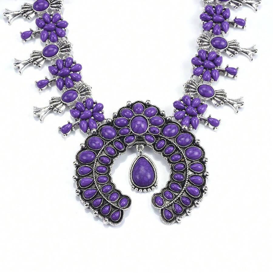 Fashionable Boho Turquoise Flower Pendant Alloy Necklace For Women - Màu tím - Xem 1