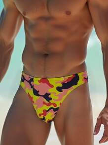 Fashion Sexy Men's Swimtrunks, Tropical Print Quick-Drying Men's Beach & Pool Swimwear, Men's Swimwears Tropical Print Bulge Enhancing Briefs,Hawaiian