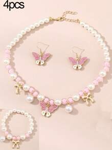 4pcs Ladies' Sweet Style Pink Pearl Beads Butterfly Pendant Jewelry Set - View 1