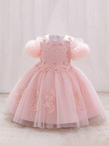 H HIBOBI Girls 3D Pearl Floral Decor Party Dress, Short Sleeve Birthday Tulle Puffy Skirt