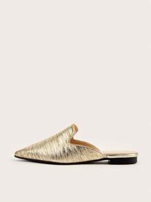 2025 Autumn Women Gold Pointy Toe Slide Sandals, Wrinkled Flat Slip On Closed Toe Mules, Summer - Gold - View 6