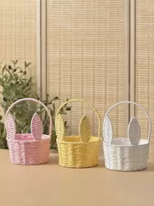 1 件兔耳编织收纳篮 - 多功能可爱，适合复活节、万圣节、圣诞节 | 送给朋友和家人的完美礼物，迷你手工编织卡通耳朵花篮，纸绳插入花篮，纪念品鲜花篮，创意收纳篮