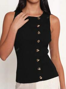Women's Fashionable & Elegant Round Neck Fitted Knitted Cropped Tank Top, Summer
