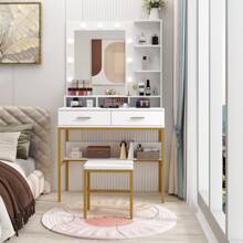 LINIJOY White Vanity Desk With Stool & 9 LED Lights, Gold Metal Frame Makeup Set, Modern Storage Shelves/Drawers For Bedroom
