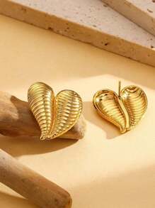 1 Pair Horizontal Striped Heart Minimalist Stainless Steel Gold-Plated Earrings, Versatile Jewelry Suitable For Women's Everyday Wear