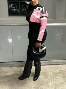 Women's Faux Leather Jacket Zipper Short Red Coat Bomber Leather Jacket Women's Party Tops Casual Outfit For Christmas And New Year - 粉色 - 查看 11