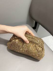Designer Rhinestone Handmade Evening Clutch Bag, Chain Shoulder/Crossbody Cloud Bag - Gold - View 11
