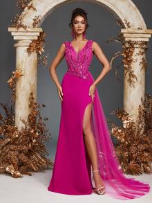 优雅奢华 V 领透明无袖蕾丝贴花亮片鱼尾下摆开衩薄纱长裙晚宴派对婚礼宾客伴娘舞会礼服，适用于婚礼、晚宴、鸡尾酒会、度假、舞会、节日、晚礼服、正式礼服 - 玫紅色 - 查看 5