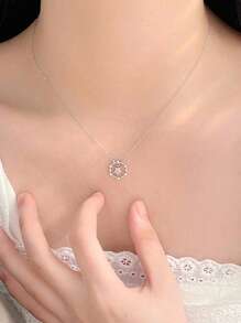 1pc S925 Sterling Silver Pentagram Flower Wreath Niche Design Delicate Sweet Choker Necklace With Cubic Zirconia, Versatile Gift For Women - Silver - View 2