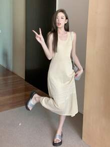 U-Neck Hollow Out Strap Dress, Casual Minimalist Elegant Waist Design Vacation Style Sweater Dress For Women, Autumn - Apricot - View 6