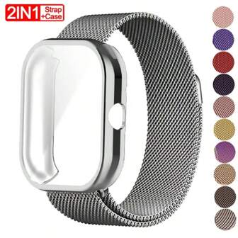 Correa Milanesa compatible con Xiaomi Redmi Watch 4/5, correa de metal con funda de TPU, protector de pantalla, película suave y banda de reloj de bucle magnético de repuesto