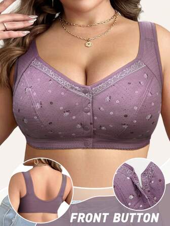 Sujetador de descanso sin costuras con cierre delantero de botones impreso, talla grande talla, anti-caída y soporte lateral para los pechos de mujer