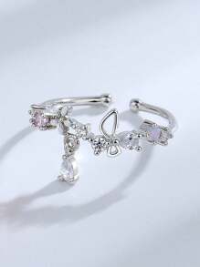 1 件可调节银质花朵微镶锆石戒指，蝴蝶开口戒指，适合女士日常佩戴，适合周年纪念、派对、特殊场合佩戴，情侣珠宝礼物