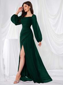 长袖雪纺连衣裙，褶裥设计，开衩，露背，腰部系带，伴娘礼服，新娘礼服，生日女士服装，毕业礼服，正式婚礼春季礼服 - 墨綠色 - 查看 4