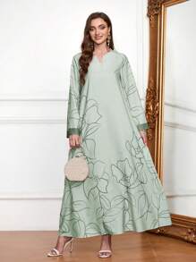 V 领连衣裙，全印花，厚实柔软的四向弹力面料，优雅奢华的阿拉伯风格女式长裙，端庄 - 薄荷綠 - 查看 1