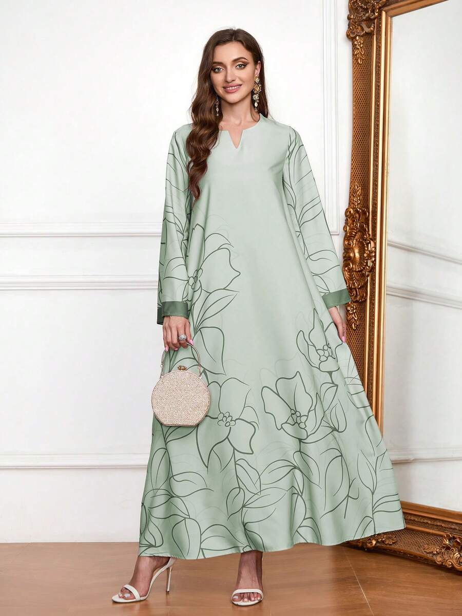 V 领连衣裙，全印花，厚实柔软的四向弹力面料，优雅奢华的阿拉伯风格女式长裙，端庄 - 薄荷綠 - 查看 1