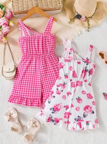 2 pezzi/Set Tuta casual e comoda da ragazza con stampa a quadri e floreale, stile estivo per vacanze