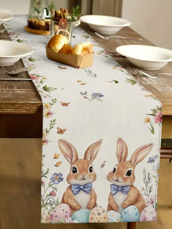 1 Stück Oster Tischläufer, Oster Dekorationen Kaninchen Blumen Saisonale Frühlings Feiertags Esszimmer Tisch Dekoration, Oster Party Tisch Dekoration