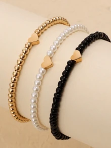 3pcs Retro Minimalist Heart Pendant Elastic Bracelet - Suitable For Daily Wear Or As Gift For Friends