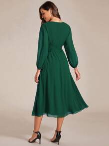 Rochii elegante de domnisoare de onoare verde închis, cu mânecă lungă, cu talie strânsă, din șifon, Rochie pentru invitați de nuntă - Verde inchis - Vizualizare 2