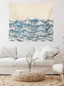 1 件蓝色波浪印花家居装饰卧室壁挂挂毯