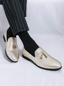 Men's Pointed Toe Formal Party Fringe Leather Loafers - Gold - View 5