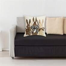 Funda de almohada decorativa de Pascua con diseño de conejo, huevo, lazo y letras para sofá o dormitorio - Amarillo - Ver 2