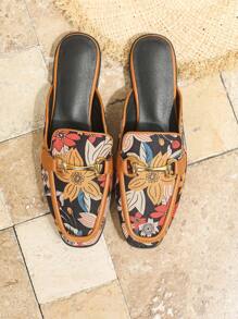 Women's Flat Square Toe Retro Floral Metal Buckle Fashion Mule Slippers Stitching Mark Open Back Slip On Comfortable Casual Loafers