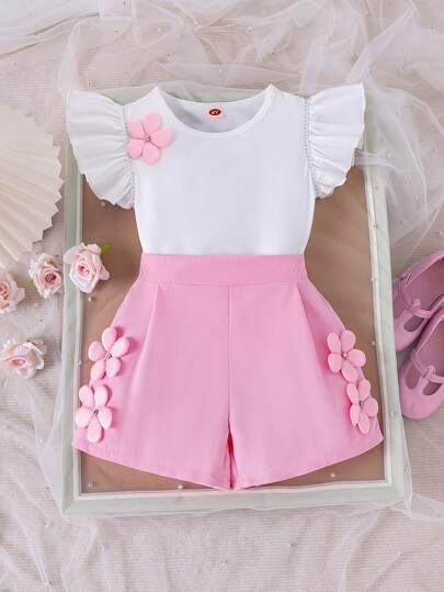 2pcs Young Girl Cute Sweet 3D Flower Decor Sleeveless Top & Shorts Set, Summer