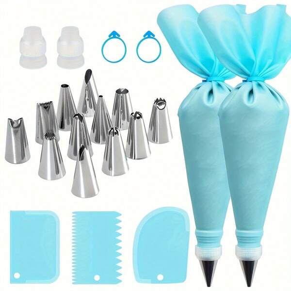 21 pièces Kit de fournitures de décoration de gâteau en acier inoxydable - Buses de glaçage, poches à douille, convertisseurs et grattoirs - Outils de cuisson polyvalents pour Noël, Halloween, Thanksgiving