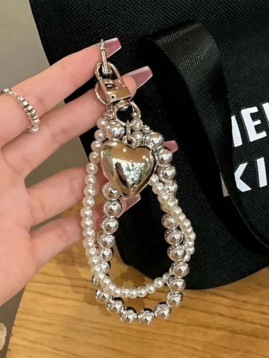 Ins Cold And Simple Faux Pearl Double Chain Love Phone Chain Suitable For Phone Cases Universal Hanging Chain Camera Chain Lanyard For Keys Beach Vacation Y2K