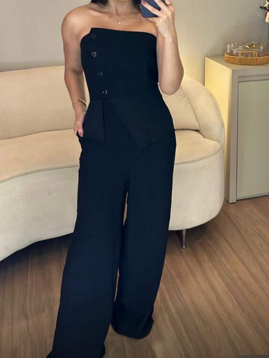 Tailored Jumpsuit With Buttons, Summer! Sophie! , Casual, Comfortable -, Stylish, Parties! - Black - View 1