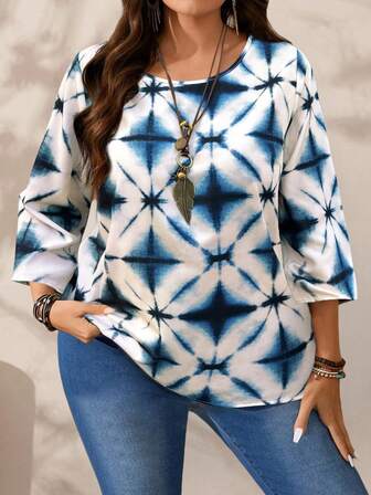 Plus Size Crew Neck Long Sleeve Allover Print Simple Casual Blouse