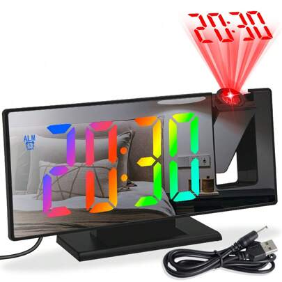 1pc 7inch Large LED Colorful Display Digital Projection Alarm Clocks(With USB Cable),Electronic Bedside LED Clock With 180° Rotatable Projector, 3 Level Dimmer, Battery Backup, Snooze,12/24H For Home Decoration, Bedroom, Bedside, Room Set-Up,Home Decor ,Room Decor Digital Clock Bedroom Decor Dormitory Decor Back To School School Decor School Surprise School Supplies
