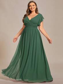 Vestidos formales verdes de cintura alta plisada, con espalda descubierta y cuello en V para damas de honor de talla grande