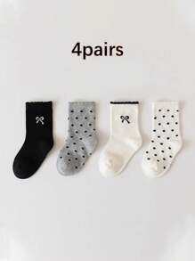 4 pares de calcetines cortos con volantes y lazos de lunares para niñas, estilo primavera
