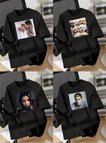 [Customized] Men's Black & White T-Shirt Customization Service, Support Front Side Customization Of Exclusive Slogan/Creative Pattern/Anime Character/Couple/Pet Photo/Selfie/Celebrity, Fashionable & Versatile Summer Clothing