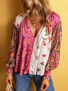 Multi-Color Floral Patchwork Ruffle Cuff Button-Up Shirt - Multicolor - View 3