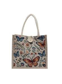 1PC 2025 NEW Butterfly Embroidery Linen Handbag,Khaki Colored Bag, Linen Button Decoration Handbag, Simple Large Capacity Handbag, Portable Casual Storage Handbag, Multi-Functional Shopping Bag, New Design, Large Capacity, Shopping Ideal, Shoulder Bag, Handbag, Lunch Bag, Lunch Box, Messenger Bag, Suitable For Women, Mother's Day Gift, Daily Use, Dating, Birthday, Holiday, Back To School, Summer, Vacation, Beach, Travel